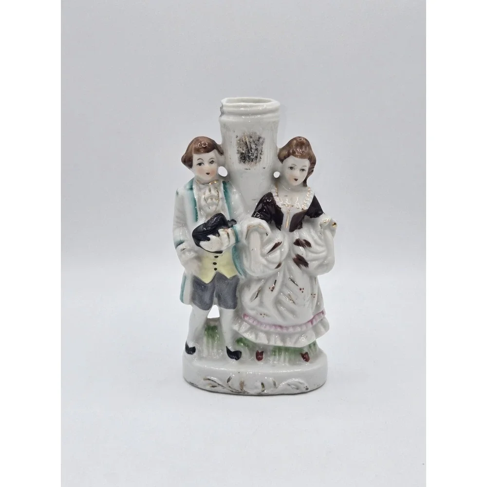 Vintage Porcelain Colonial Couple Bud Vase Victorian Man Woman Figural Vase 6.5
